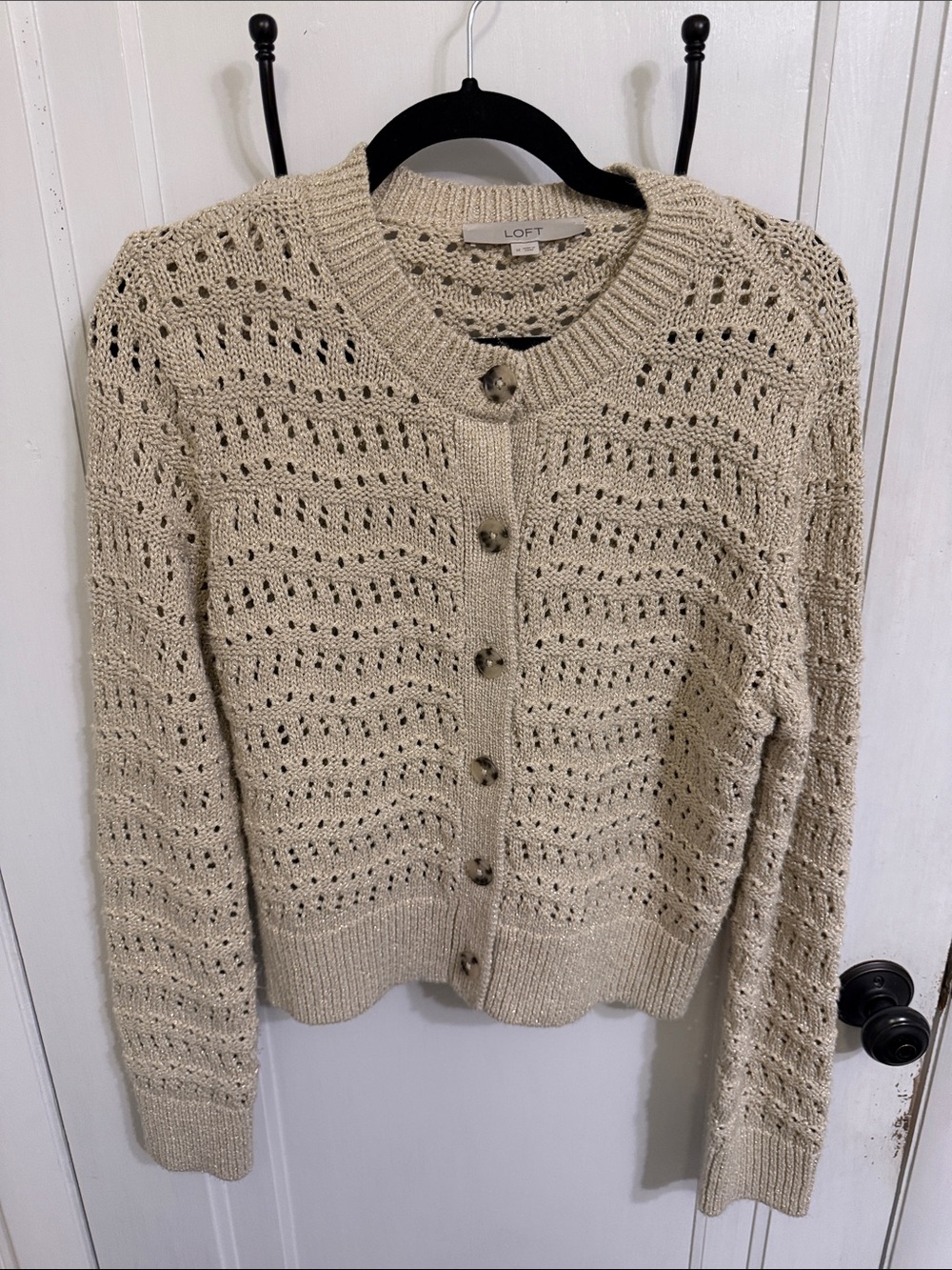 LOFT Beige Open-Stitch Button Cardigan M